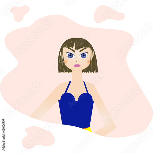 Displeased girl in a blue t-shirt with beautiful eyes on a pink abstract background