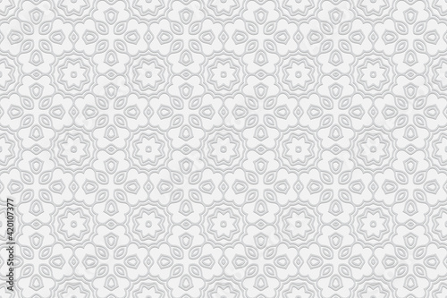 Volumetric ethnic composition with 3D effect of a convex shape. White background with embossed geometric floral design for brandbook.