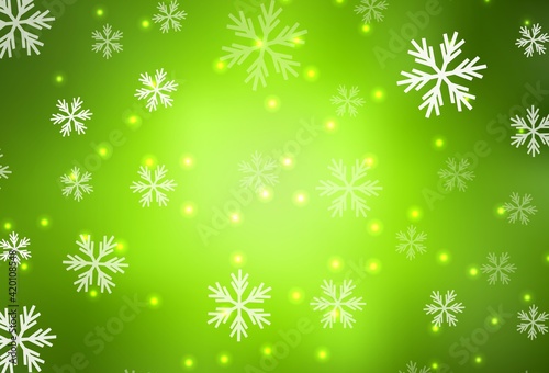 Light Green, Yellow vector layout with bright snowflakes, stars.