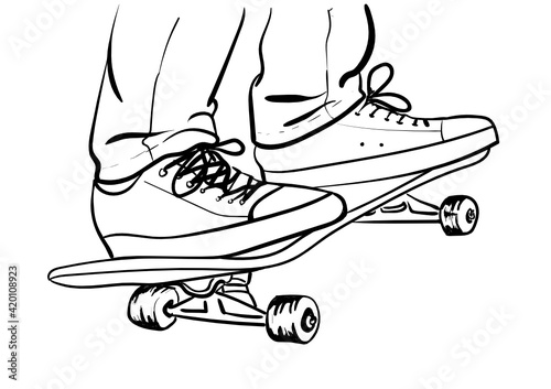  skater in jeans and sneakers on skateboard 