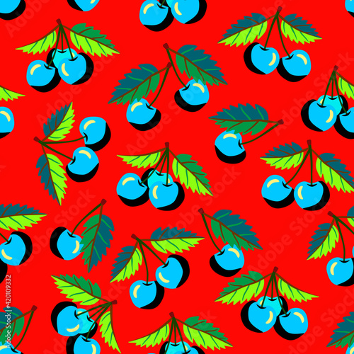 Cherry fruits with leaves seamless pattern.