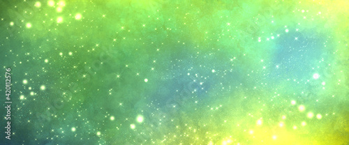 space magic charming deep rich background with many stars and glow. Green yellow and blue shades