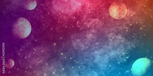 cosmic abstract bright impressive deep multicolor background with planets, stars and nebulae. Purples, reds, blues vibrant shades © Medvedeva