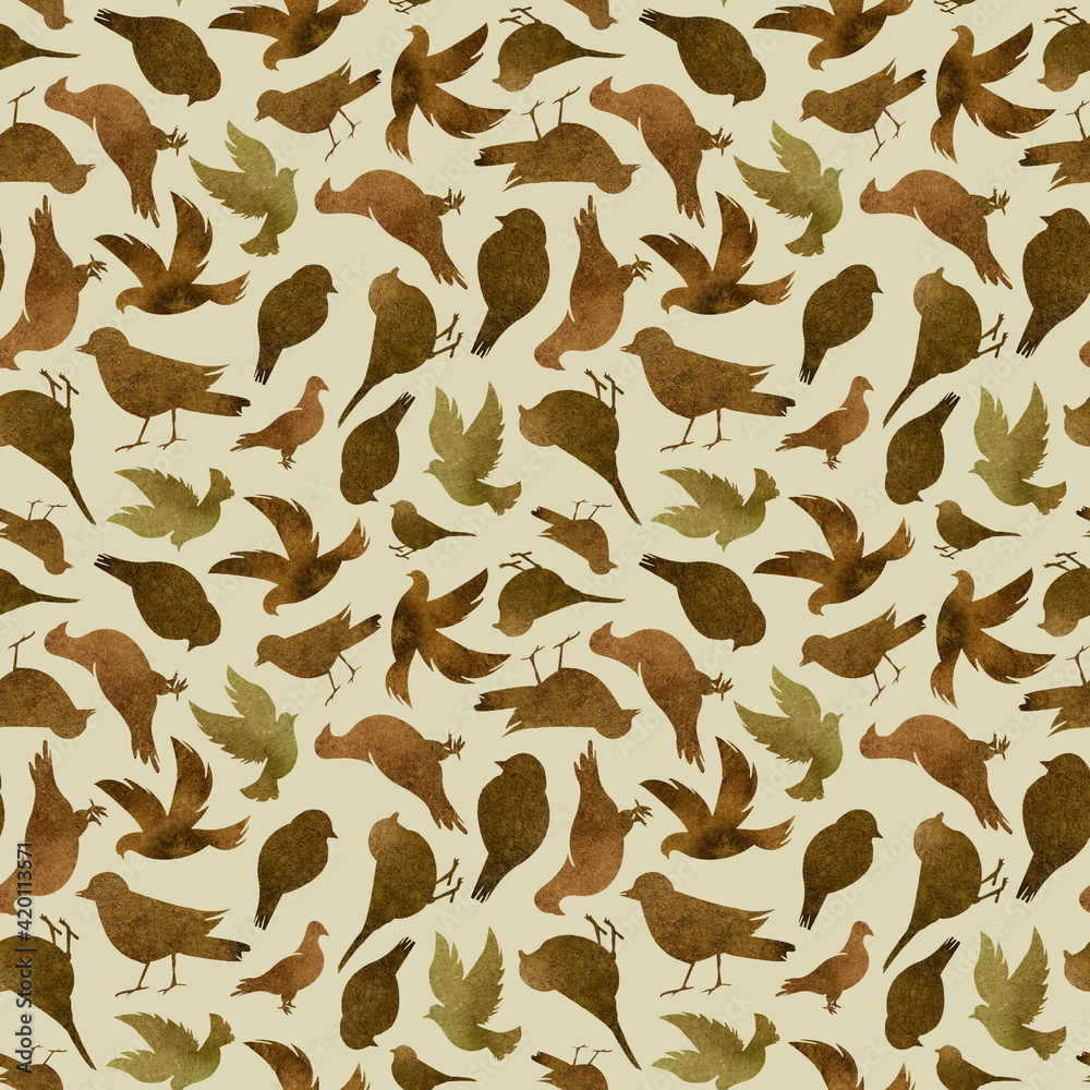 watercolor seamless pattern with brown birds on pastel background