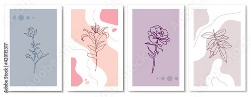 interior posters featuring flowers drawn in a single line with nice trendy pastel colors: gray, powdery, orange. It can be used for websites, social networks, as an invitation to a wedding