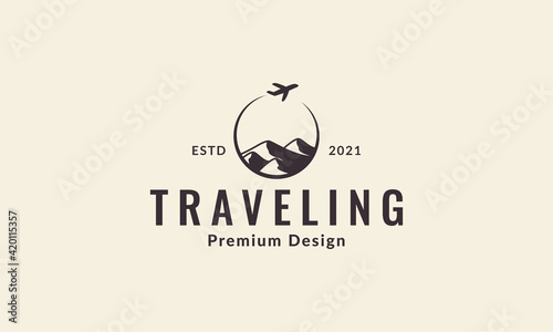 mountain circle with airplane travel logo vector symbol icon illustration design