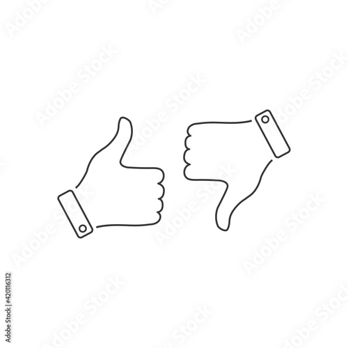 Hand with a finger up and down. Vector illustration. Like and dislike thumb button line icon