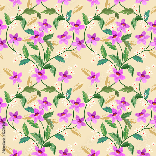 Abstract pink flowers and green leaves seamless pattern background. Seamless flower with monochrome beige.
