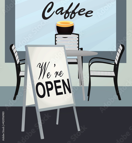 Open caffe panel in front of table. vector