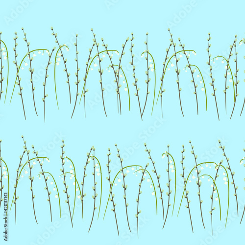 Seamless texture. Spring twigs of pussy willow and lilies of the valley. A great occasion to decorate your favorite girly things: dresses, scarves, bags.