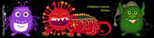 Scary images of children's fears. Creepy cartoon monster characters. Vector Illustration