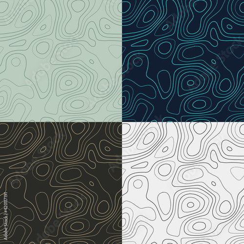 Topography patterns. Seamless elevation map tiles. Attractive isoline background. Neat tileable patterns. Vector illustration.