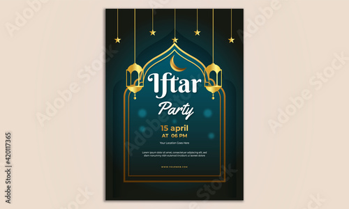 simple minimal Iftar party  invitation flyer poster template design with islamic Ramadan Kareem Muslim feast eid Mubarak background (ID: 420117365)