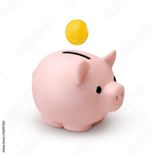 Cute dollar piggy bank with coin isolated on white background photo