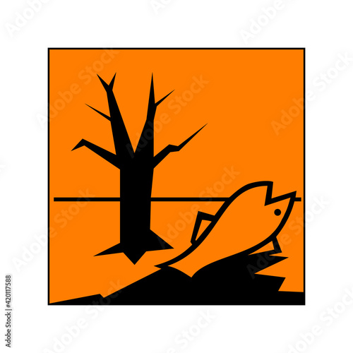 Dangerous for the environment warning sign. Vector illustration of orange square sign with dead fish and tree icon inside. Environmental pollution symbol. Caution danger zone. Contamination beware.