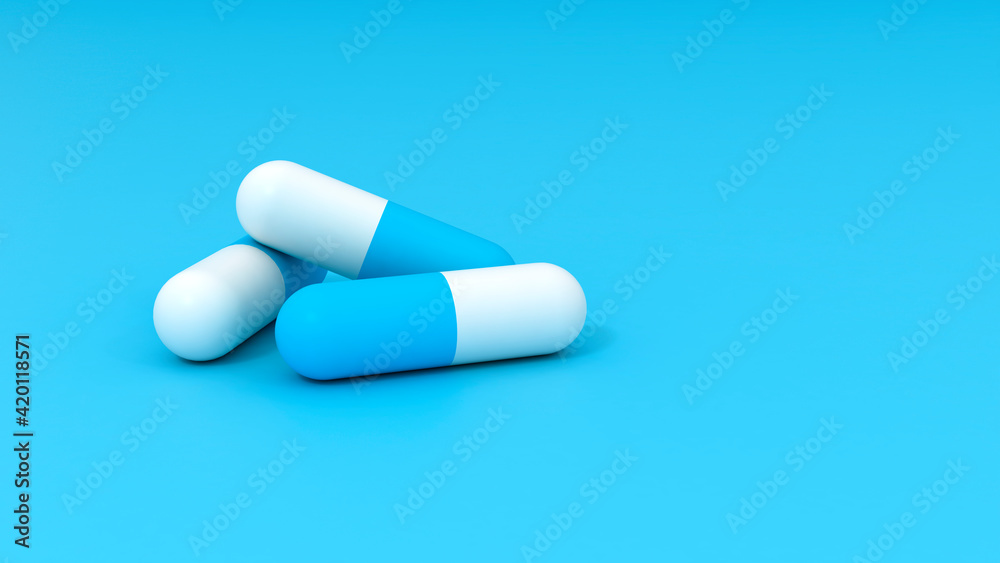 Three Medical pills on blue background with copy space. 3D render illustration. Three Medical pills on blue background with copy space. 3D render illustration.