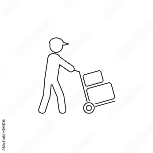 Mover pushing moving hand truck or dolly with boxes flat vector line icon for apps and websites