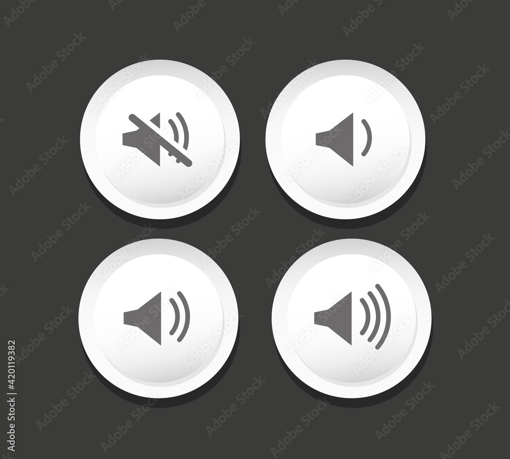 Set of Speaker icons. Sound on. Vector illustration. Volume up, and volume down, mute volume. Set of Speaker icons. Sound on. Vector illustration. Volume up, and volume down, mute volume.