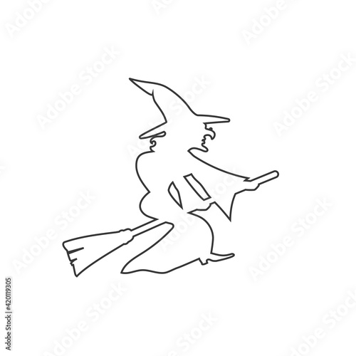 Witch on a broom vector line icon in flat