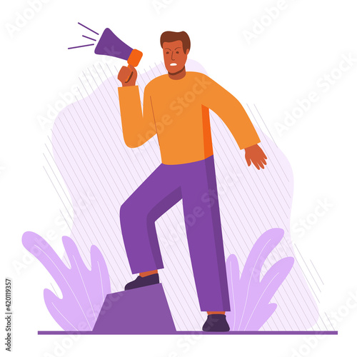 Black man protesting for their rights.African american man holds loudspeaker.Vector flat.