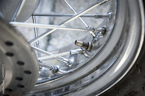 close up of motorcycle tire valve