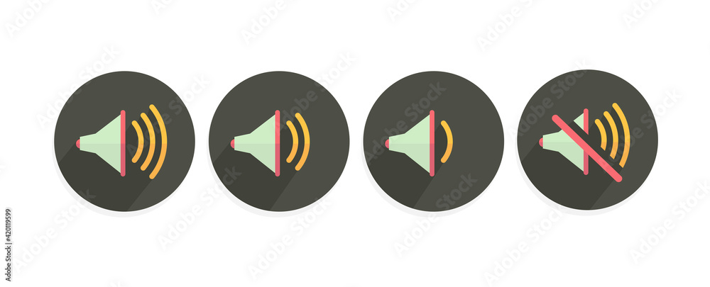 Speaker icon. Sound on. Vector illustration. Mute, volume up, and volume down. Speaker icon. Sound on. Vector illustration. Mute, volume up, and volume down.