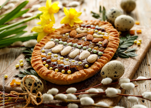 Traditional Easter cake in Poland called mazurek, close up view. Delicious very sweet festive dessert