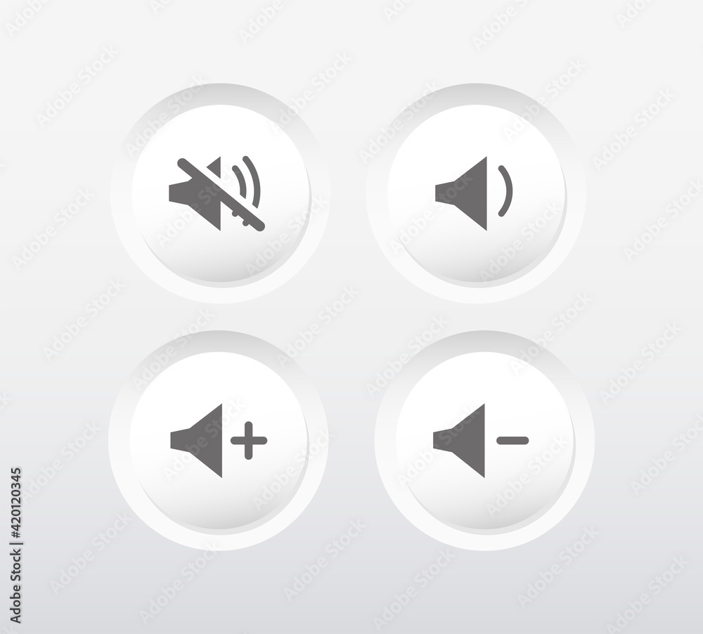 Set of Speaker icons. Sound on. Vector illustration. Volume up, and volume down, mute volume.
Set of Speaker icons. Sound on. Vector illustration. Volume up, and volume down, mute volume.