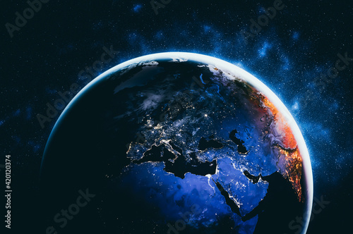 Planet earth globe view from space showing realistic earth surface and world map as in outer space point of view . Elements of this image furnished by NASA planet earth from space photos. photo