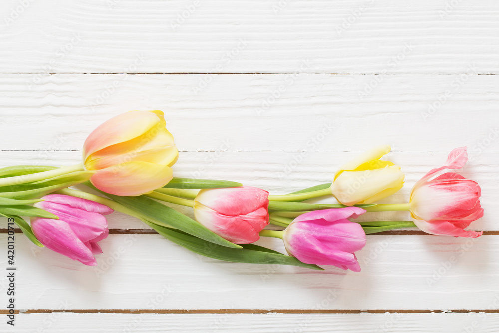 beautiful tulips on white wooden background beautiful tulips on white wooden background