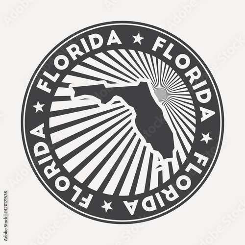 Florida round logo. Vintage travel badge with the circular name and map of the US state, vector illustration. Can be used as insignia, logotype, label, sticker, or badge of Florida.