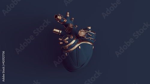 Bronze and Navy Blue Cyborg Human Heart with Navy Blue Background 3d illustration render	
 photo