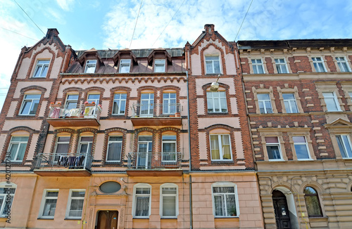 The facade of a German-built residential building on Suvorov Street. Chernyakhovsk, Kaliningrad region