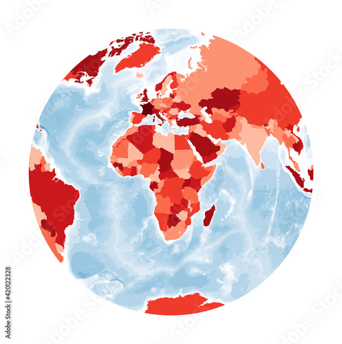 World Map. Chamberlin projection for Africa projection. World in red colors with blue ocean. Vector illustration. photo
