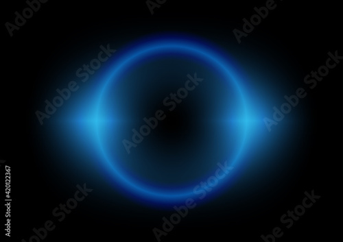 Abstract dark blue and black color background with planet like circle shape and neon light growing at the edge. Galaxy and space high tech concept.