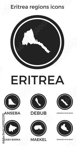 Eritrea regions icons. Black round logos with country regions maps and titles. Vector illustration. photo