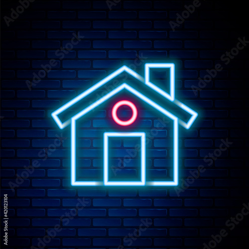 Glowing neon line House icon isolated on brick wall background. Home symbol. Colorful outline concept. Vector
