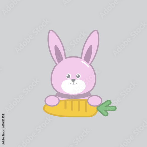 Bunny with a carrot isolated on grey background. Vector cartoon close-up illustration.