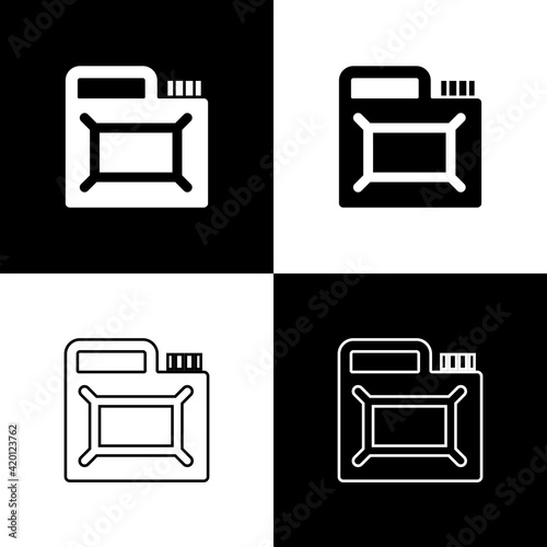 Set Canister for motor machine oil icon isolated on black and white background. Oil gallon. Oil change service and repair. Engine oil sign. Vector