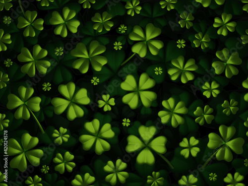 3d background with green four leaf clover on dark background. Saint Patricks Day pattern design for greeting card