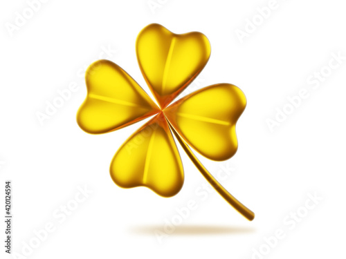 3d illustration of golden four leaf clover on white background. Saint Patricks Day design for greeting card