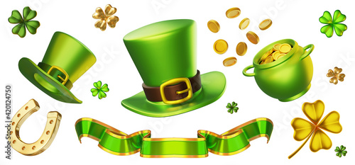 Fotografia 3d set of green leprechaun hat, pot with golden coin, ribbon, horseshoe and four leaf clover on white background