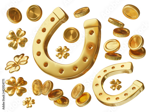 3d set of golden coin, horseshoe and four leaf clover on white background. Symbol of luck and wealth. Saint Patricks Day design