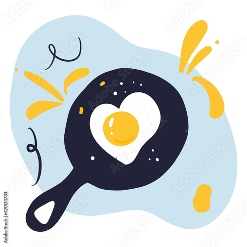 Fried egg in a frying pan in the form of a heart. Flat cartoon style