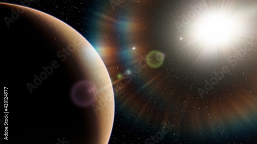 super-earth planet, realistic exoplanet, planet suitable for colonization, earth-like planet in far space, planets background 3d render