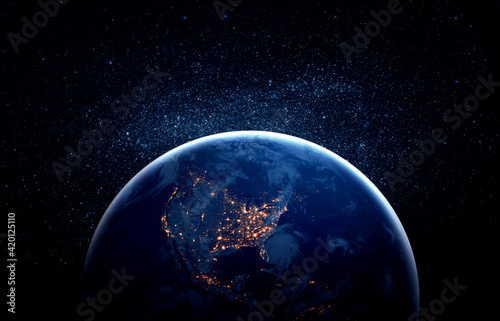 Fototapeta Naklejka Na Ścianę i Meble -  Planet earth globe view from space showing realistic earth surface and world map as in outer space point of view . Elements of this image furnished by NASA planet earth from space photos.