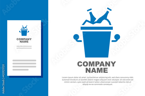 Blue Beer bottles in ice bucket icon isolated on white background. Logo design template element. Vector