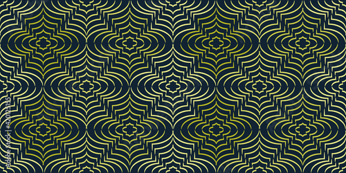 Seamless pattern. Tiled golden ornamental images. Curvy shapes, dark blue background. Yellow crosswise texture. Graphic pattern for fabric, textile, wallpaper, packaging, gift.