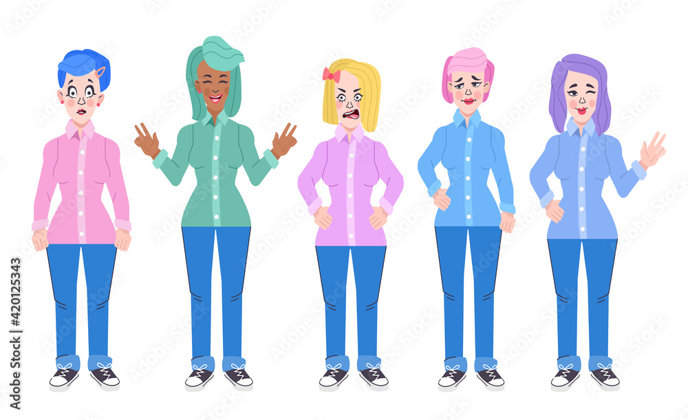 Collection of various poses and emotions of a young woman. Character of girl, Vector illustration in cartoon style Collection of various poses and emotions of a young woman. Character of girl, Vector illustration in cartoon style