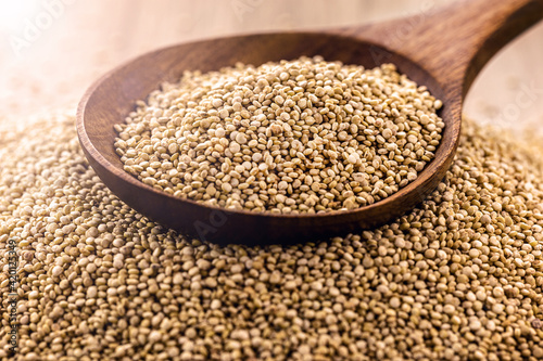 quinoa seeds in wooden spoon, seeds rich in calcium, iron and omega fatty acids